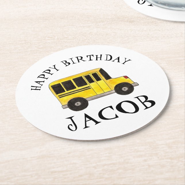 Happy Birthday Yellow School Buslehrer Bildung Runder Pappuntersetzer (Angewinkelt)