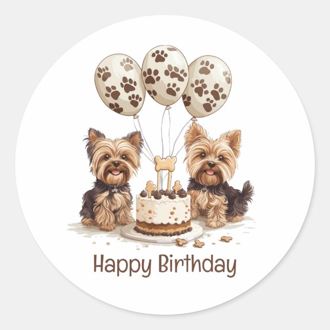 Happy Birthday Yorkie Dogs Runder Aufkleber (Vorderseite)