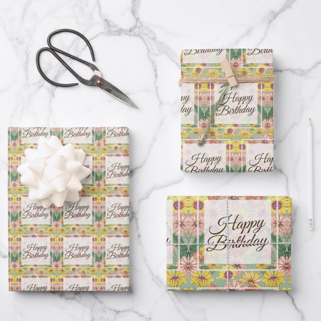 Happy Birthday Zinnia Blume Geschenkpapier Set (Vorderseite)