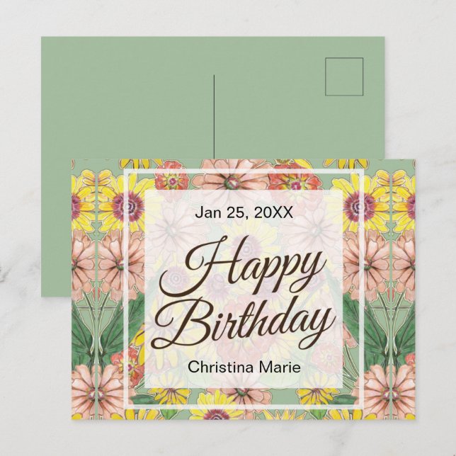 Happy Birthday Zinnia Blume Postkarte (Vorne/Hinten)