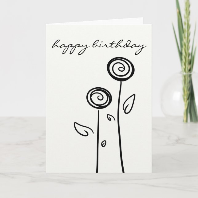 Happy Birthday Zwei Blume Einfache Linie Zeichnend Karte (Vorderseite)