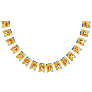 Happy Bitrhday - Sonnenblumen und Bienen auf blaue Wimpelkette