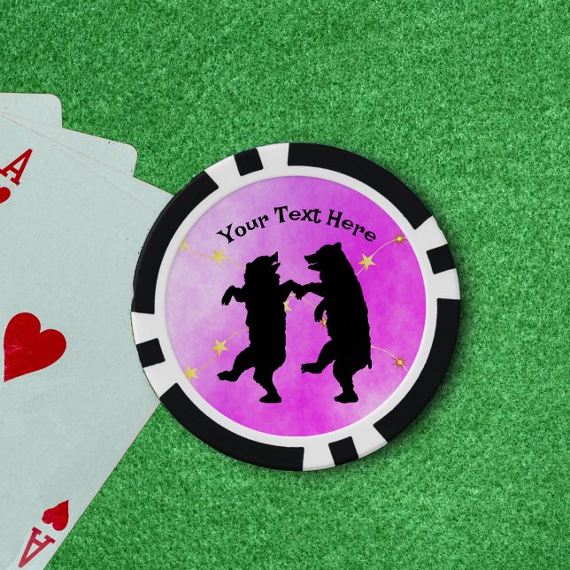 Happy Black Dancing Bears String of Stars Pink Pokerchips (Happy dancing black bears string of glowing gold stars on shades of pink poker chips.)