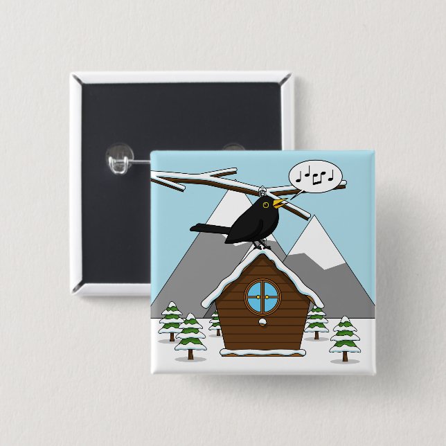 Happy Blackbird im Winter Landschaft singen Button (Vorne & Hinten)