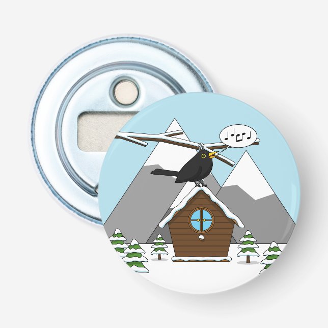 Happy Blackbird im Winter Landschaft singen Flaschenöffner (Vorderseite)