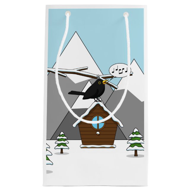 Happy Blackbird im Winter Landschaft singen Kleine Geschenktüte (Vorderseite)