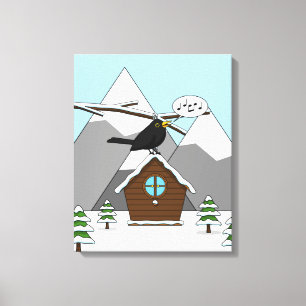 Happy Blackbird im Winter Landschaft singen Leinwanddruck