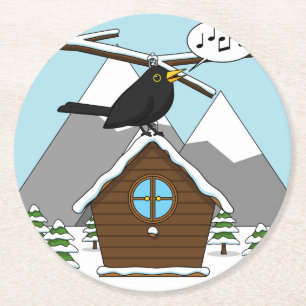 Happy Blackbird im Winter Landschaft singen Runder Pappuntersetzer