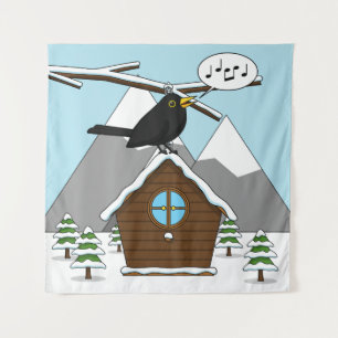 Happy Blackbird Singing in Winter Landscape Wandteppich