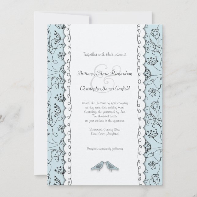 Happy Blue Birds Wedle Doodle Trendy Budget Einladung (Vorderseite)