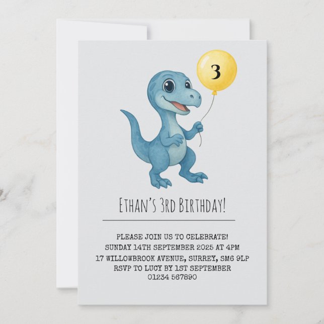 Happy Blue Dinosaur Holding Balloon Birthday  Einladung (Vorderseite)