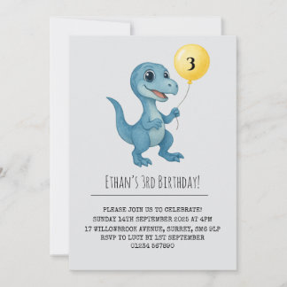 Happy Blue Dinosaur Holding Balloon Birthday  Einladung