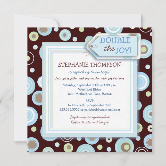 Happy Blue Dots Twin Boy Baby Dusche Einladung (Vorderseite)