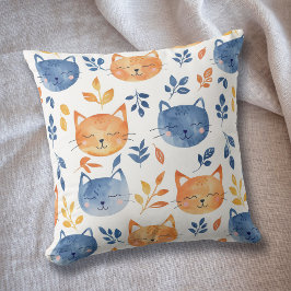 Happy Blue Orange Watercolor Cat Faces Kissen