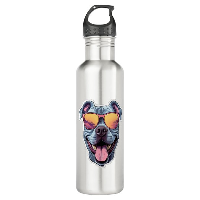 Happy Blue Pitbull mit Sonnenbrille Edelstahlflasche (Vorderseite)