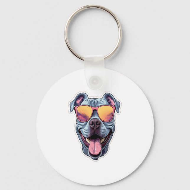 Happy Blue Pitbull mit Sonnenbrille Schlüsselanhänger (Vorderseite)