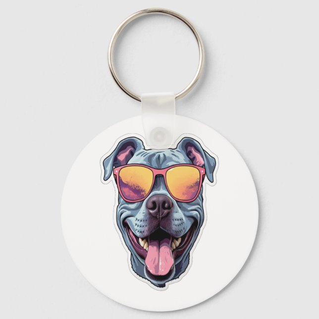Happy Blue Pitbull mit Sonnenbrille Schlüsselanhänger (Vorderseite)