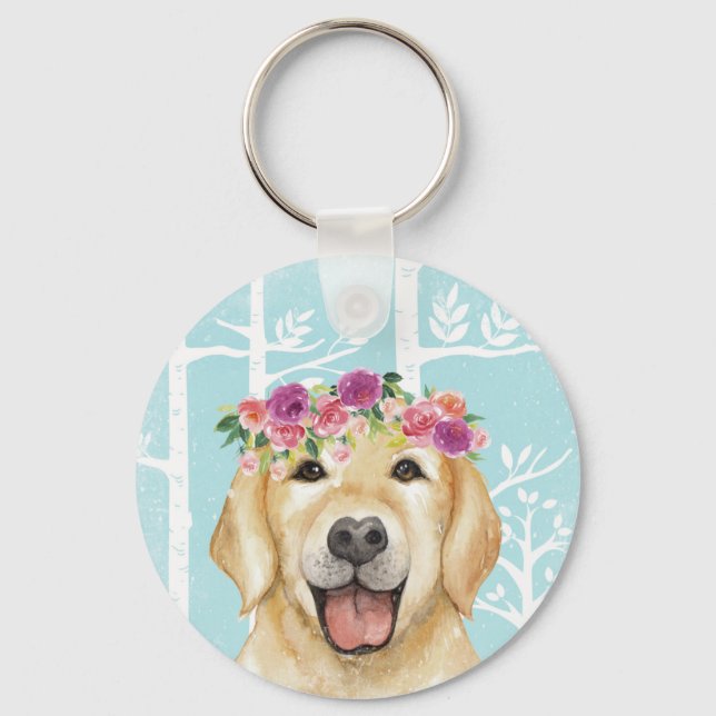 Happy Blume Animal in Blue Forest-Dog Retriever Schlüsselanhänger (Vorderseite)