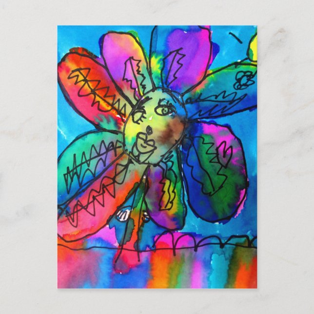 Happy Blume Kind's Art rosa und blau Stift und Tin Postkarte (Vorderseite)