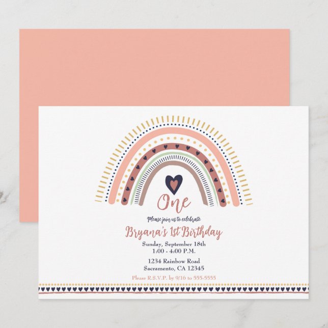 Happy Boho Rainbow Modern Birthday Party Einladung (Vorne/Hinten)