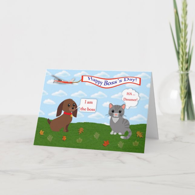 Happy Boss's Day mit Katze, Hund und Flugzeug Bann Karte (Vorderseite)