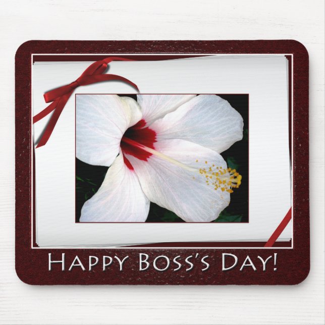 Happy Boss's Day Weiße Hibiskus Blüte Mousepad (Vorne)