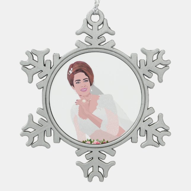 HAPPY BRIDE SCHNEEFLOCKEN Zinn-Ornament (Vorderseite)