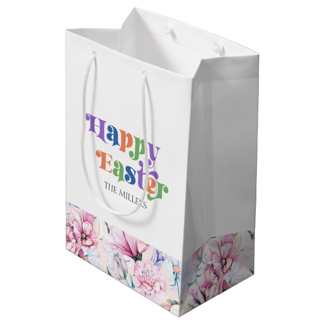 Happy Brunch Typografie Pastel Blume Muster Mittlere Geschenktüte (Rückseite Schrägansicht)