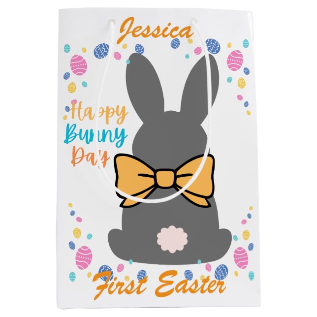 Happy bunny day personalized first easter mittlere geschenktüte (Vorderseite)