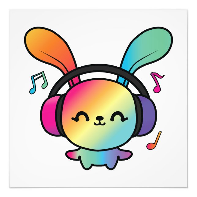 Happy Bunny mit Kopfhörern, die Musik hören. Fotodruck (Vorne)