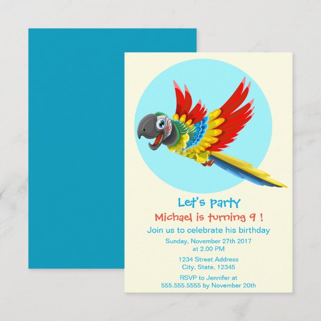 Happy bunt Papagei Cartoon Kindergeburtstag Party Einladung (Vorne/Hinten)