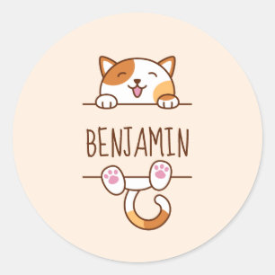 Happy Calico Cat Peeking hinter Individuelle Name Runder Aufkleber