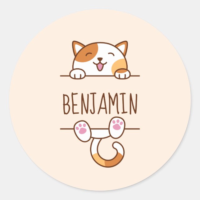 Happy Calico Cat Peeking hinter Individuelle Name Runder Aufkleber (Vorderseite)