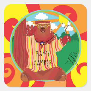 Happy Camper Bear Stickers Square