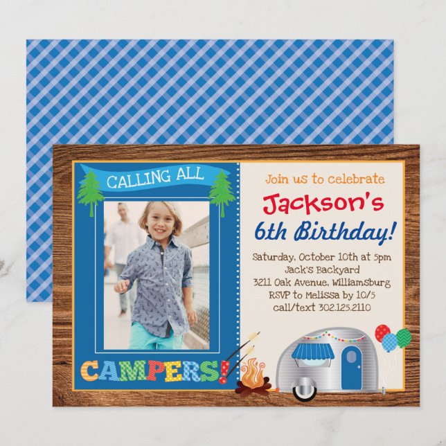 Happy Camper Boy Foto Geburtstagsparty Einladung (Vorne/Hinten)
