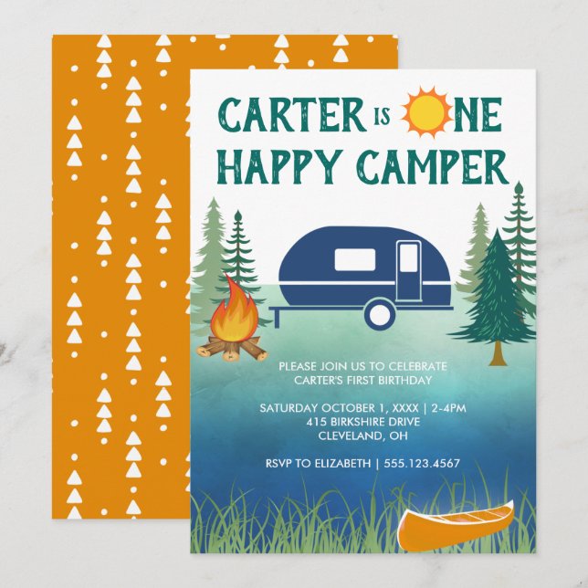 Happy Camper Boys Einladung zum ersten Geburtstag (Vorne/Hinten)