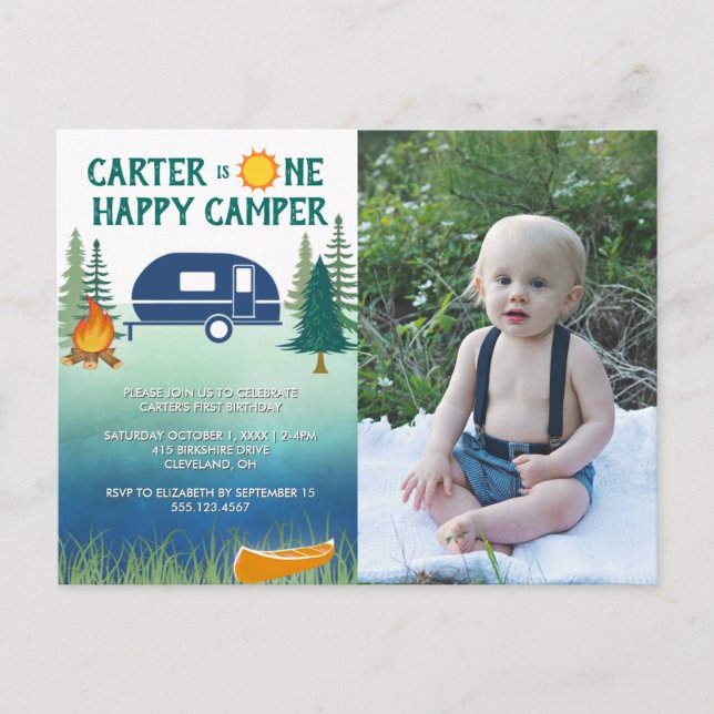 Happy Camper Boys First Birthday Photo Invitation (Devant)