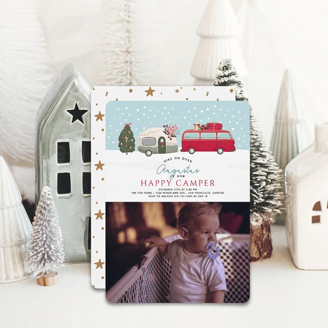 Happy Camper Christmas Blue 1. Geburtstag Foto Einladung (Von Creator hochgeladen)