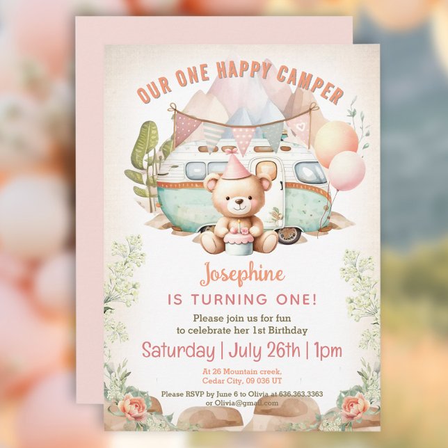 Happy Camper Été 1er Anniversaire Invitation fille (Happy Camper Summer 1st Birthday Girl Invitation)