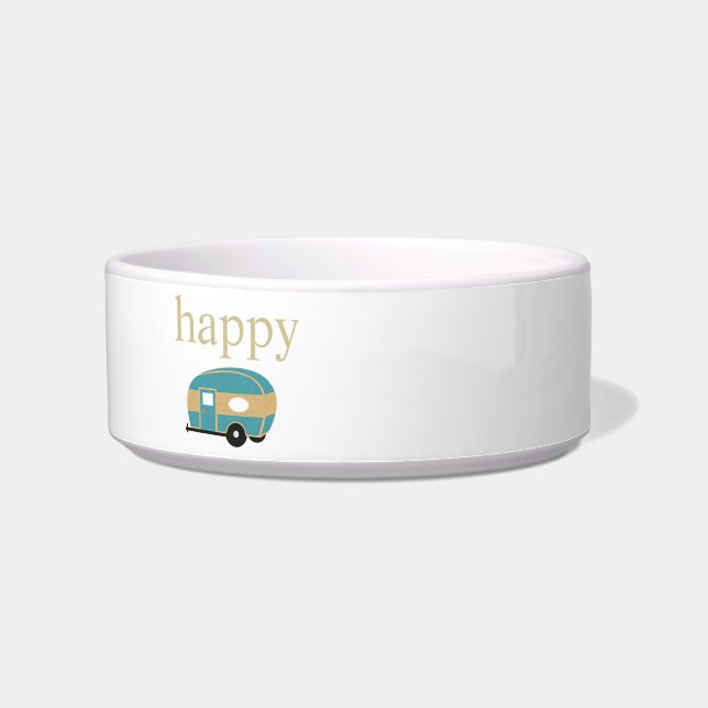 Happy Camper Gold Text mit Aquamarinem Travel Trai Napf (Links)