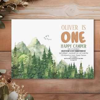 Happy Camper Green Watercolor Forest 1. Geburtstag Einladung