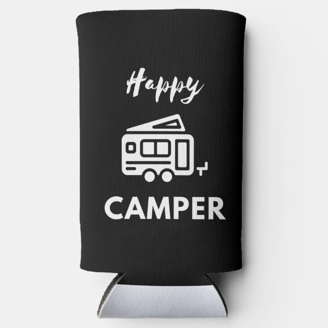 Happy Camper in Weiß mit blauem Hintergrund Selters Dosenkühler (Vorderseite)