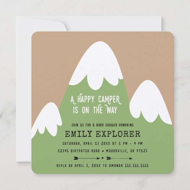 Happy Camper | Invitation Baby shower de montagne (Devant)