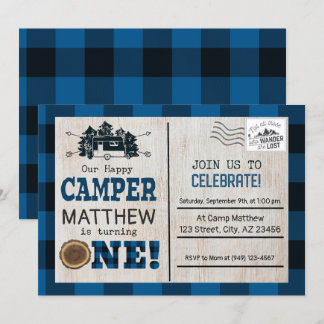 Happy Camper Lumberjack Flannel Erster Geburtstag Einladung