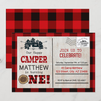 Happy Camper Lumberjack Flannel Erster Geburtstag Einladung