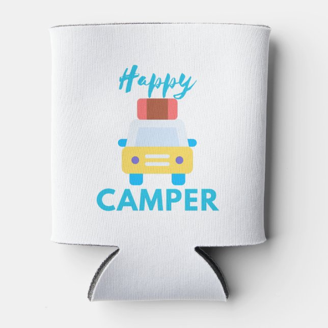 Happy Camper mit Gelb/Weiß Auto mit Gepäck Dosenkühler (Vorderseite)