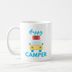 Happy Camper mit Gelb/Weiß Auto mit Gepäck Kaffeetasse