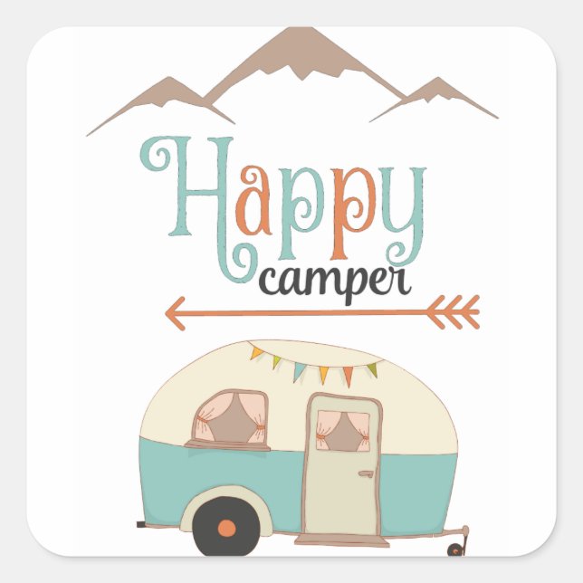 Happy Camper Niedlich Retro RV Quadratischer Aufkleber (Vorderseite)