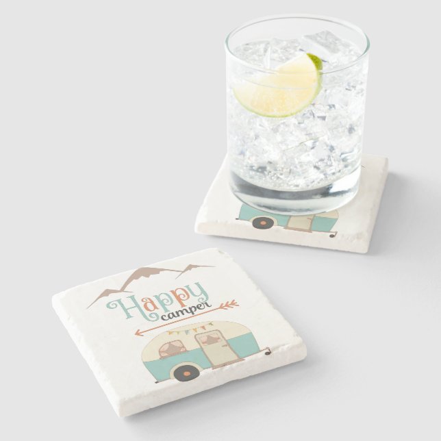 Happy Camper Niedlich Retro RV Steinuntersetzer (Seitenansicht)
