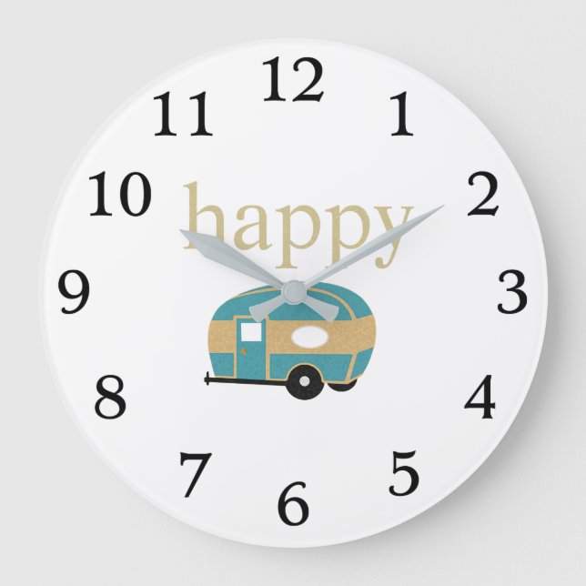 Happy Camper Personality Gold Teal Travel Trailer Große Wanduhr (Vorderseite)